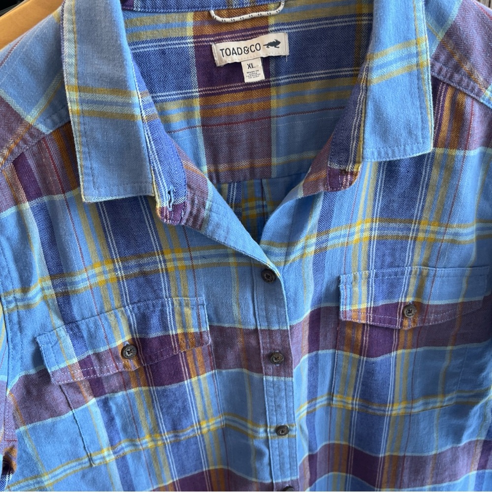 Toad Co Re Form Flannel Shirt Womens XL Blue Brown Plaid Button Down Casual Top - Picture 15 of 16